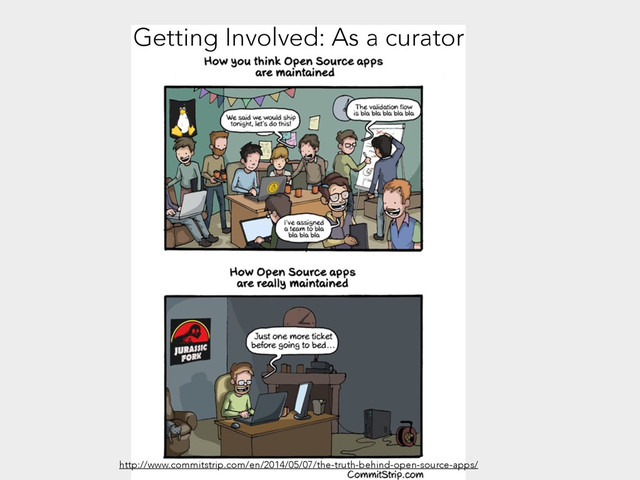 http://www.commitstrip.com/en/2014/05/07/the-truth-behind-open-source-apps/
Getting Involved: As a curator
