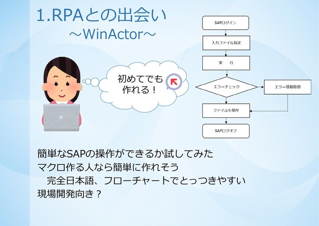 簡単なSAPの操作ができるか試してみた
マクロ作る人なら簡単に作れそう
完全日本語、フローチャートでとっつきやすい
現場開発向き？
初めてでも
作れる！
1.RPAとの出会い
～WinActor～
