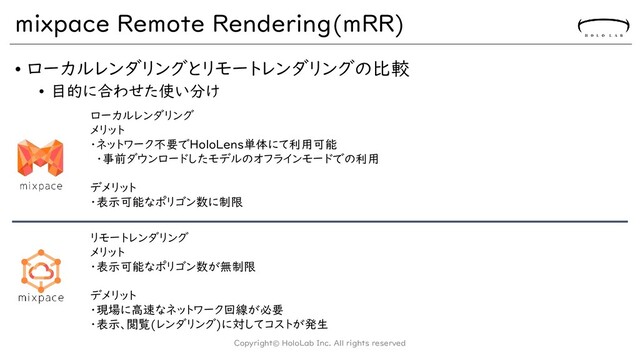 mixpace Remote Rendering(mRR)
• ローカルレンダリングとリモートレンダリングの比較
• 目的に合わせた使い分け
Copyright© HoloLab Inc. All rights reserved
ローカルレンダリング
メリット
・ネットワーク不要でHoloLens単体にて利用可能
・事前ダウンロードしたモデルのオフラインモードでの利用
デメリット
・表示可能なポリゴン数に制限
リモートレンダリング
メリット
・表示可能なポリゴン数が無制限
デメリット
・現場に高速なネットワーク回線が必要
・表示、閲覧(レンダリング)に対してコストが発生
