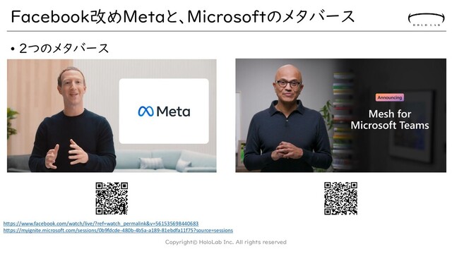 Facebook改めMetaと、Microsoftのメタバース
• ２つのメタバース
Copyright© HoloLab Inc. All rights reserved
https://www.facebook.com/watch/live/?ref=watch_permalink&v=561535698440683
https://myignite.microsoft.com/sessions/0b9fdcde-480b-4b5a-a189-81ebdfa11f75?source=sessions
