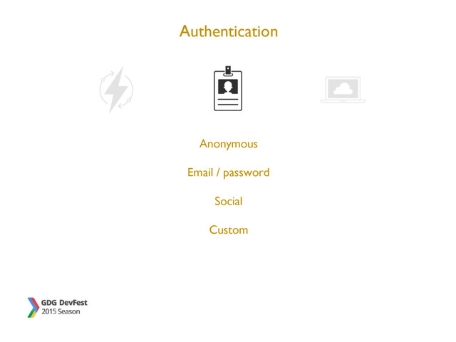 Authentication
Anonymous
Email / password
Social
Custom
