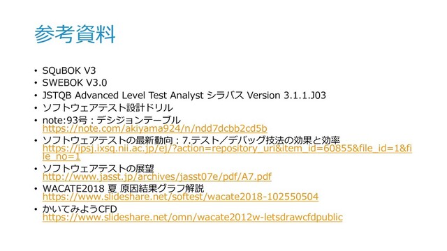 参考資料
• SQuBOK V3
• SWEBOK V3.0
• JSTQB Advanced Level Test Analyst シラバス Version 3.1.1.J03
• ソフトウェアテスト設計ドリル
• note:93号︓デシジョンテーブル
https://note.com/akiyama924/n/ndd7dcbb2cd5b
• ソフトウェアテストの最新動向︓7.テスト／デバッグ技法の効果と効率
https://ipsj.ixsq.nii.ac.jp/ej/?action=repository_uri&item_id=60855&file_id=1&fi
le_no=1
• ソフトウェアテストの展望
http://www.jasst.jp/archives/jasst07e/pdf/A7.pdf
• WACATE2018 夏 原因結果グラフ解説
https://www.slideshare.net/softest/wacate2018-102550504
• かいてみようCFD
https://www.slideshare.net/omn/wacate2012w-letsdrawcfdpublic
