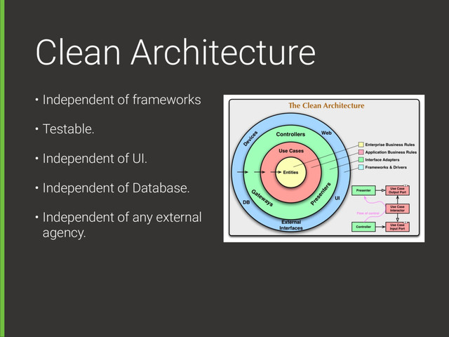 Clean Architecture
• Independent of frameworks
• Testable.
• Independent of UI.
• Independent of Database.
• Independent of any external
agency.
