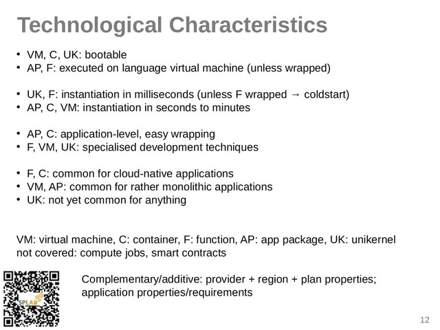 12
Technological Characteristics
● VM, C, UK: bootible
● AP, F: executed on linguige virtuil michine (unless wripped)
● UK, F: instintiition in milliseconds (unless F wripped → coldstirt)
● AP, C, VM: instintiition in seconds to minutes
● AP, C: ipplicition-level, eisy wripping
● F, VM, UK: speciilised development techniques
● F, C: common for cloud-nitive ipplicitions
● VM, AP: common for rither monolithic ipplicitions
● UK: not yet common for inything
VM: virtuil michine, C: contiiner, F: function, AP: ipp pickige, UK: unikernel
not covered: compute jobs, smirt contricts
Complementiry/idditive: provider + region + plin properties;
ipplicition properties/requirements
