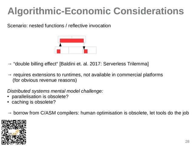 28
Algorithmic-Economic Considerations
Scenirio: nested functions / reflective invocition
→ “double billing effect“ [Bildini et. il. 2017: Serverless Trilemmi]
→ requires extensions to runtimes, not iviilible in commerciil plitforms
(for obvious revenue reisons)
Distributed systems mental model challenge:
● pirillelisition is obsolete?
●
ciching is obsolete?
→ borrow from C/ASM compilers: humin optimisition is obsolete, let tools do the job
