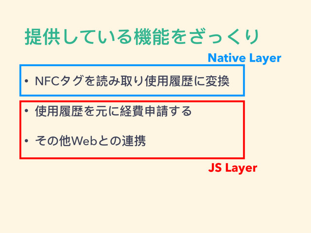 提供している機能をざっくり
• NFCタグを読み取り使⽤用履履歴に変換
• 使⽤用履履歴を元に経費申請する
• その他Webとの連携
Native Layer
JS Layer
