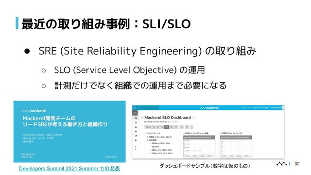 最近の取り組み事例：SLI/SLO
● SRE (Site Reliability Engineering) の取り組み
○ SLO (Service Level Objective) の運用
○ 計測だけでなく組織での運用まで必要になる
32
Developers Summit 2021 Summer での発表 ダッシュボードサンプル（数字は仮のもの）
