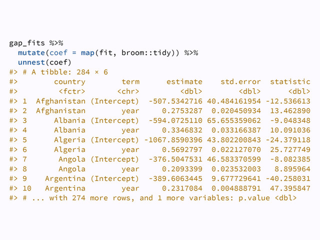 gap_fits %>% 
mutate(coef = map(fit, broom::tidy)) %>% 
unnest(coef) 
#> # A tibble: 284 × 6 
#> country term estimate std.error statistic 
#>      
#> 1 Afghanistan (Intercept) -507.5342716 40.484161954 -12.536613 
#> 2 Afghanistan year 0.2753287 0.020450934 13.462890 
#> 3 Albania (Intercept) -594.0725110 65.655359062 -9.048348 
#> 4 Albania year 0.3346832 0.033166387 10.091036 
#> 5 Algeria (Intercept) -1067.8590396 43.802200843 -24.379118 
#> 6 Algeria year 0.5692797 0.022127070 25.727749 
#> 7 Angola (Intercept) -376.5047531 46.583370599 -8.082385 
#> 8 Angola year 0.2093399 0.023532003 8.895964 
#> 9 Argentina (Intercept) -389.6063445 9.677729641 -40.258031 
#> 10 Argentina year 0.2317084 0.004888791 47.395847 
#> # ... with 274 more rows, and 1 more variables: p.value 

