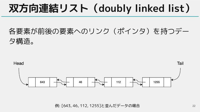 双方向連結リスト（doubly linked list）
各要素が前後の要素へのリンク（ポインタ）を持つデー
タ構造。
22
例: [643, 46, 112, 1255]と並んだデータの場合
