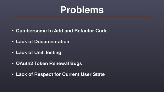 Problems
• Cumbersome to Add and Refactor Code
• Lack of Documentation
• Lack of Unit Testing
• OAuth2 Token Renewal Bugs
• Lack of Respect for Current User State
