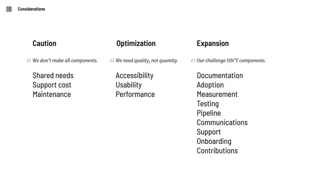 Considerations
Our challenge ISN’T components.


Documentation

Adoption

Measurement

Testing

Pipeline

Communications

Support

Onboarding

Contributions
We don’t make all components.


Shared needs

Support cost

Maintenance
We need quality, not quantity.


Accessibility

Usability

Performance
Caution Optimization Expansion
