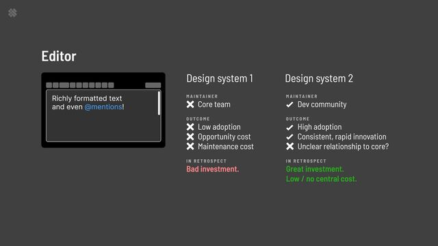 Design system 1 Design system 2
Editor
Richly formatted text

and even !
@mentions
maintainer
Core team
OUTCOME
Low adoption

Opportunity cost

Maintenance cost
IN RETROSPECT
Bad investment.
maintainer
Dev community
OUTCOME
High adoption

Consistent, rapid innovation

Unclear relationship to core?
IN RETROSPECT
Great investment.

Low / no central cost.
