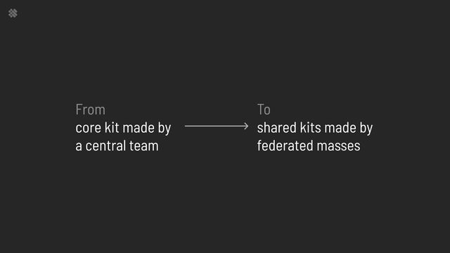 From 
core kit made by
a central team
To 
shared kits made by
federated masses
