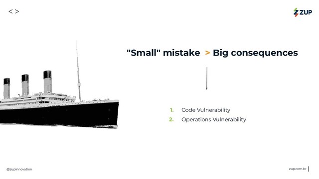 <>
@zupinnovation zup.com.br
"Small" mistake > Big consequences
1. Code Vulnerability
2. Operations Vulnerability
