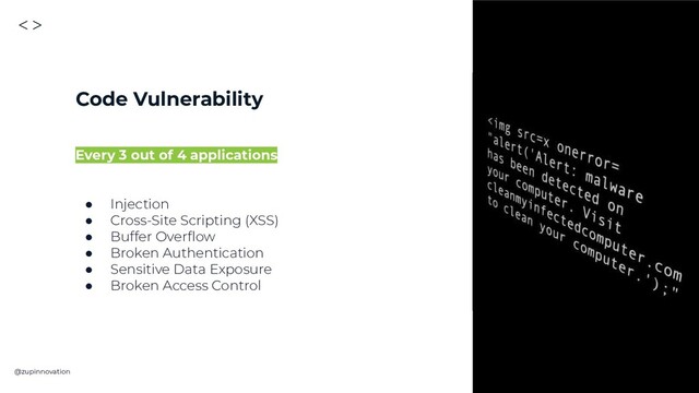 <>
@zupinnovation zup.com.br
Code Vulnerability
Every 3 out of 4 applications
● Injection
● Cross-Site Scripting (XSS)
● Buffer Overﬂow
● Broken Authentication
● Sensitive Data Exposure
● Broken Access Control
