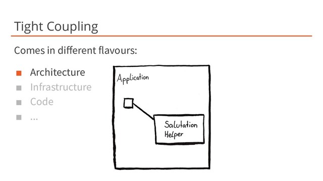 Tight Coupling
Comes in diﬀerent flavours:
■ Architecture
■ Infrastructure
■ Code
■ ...
