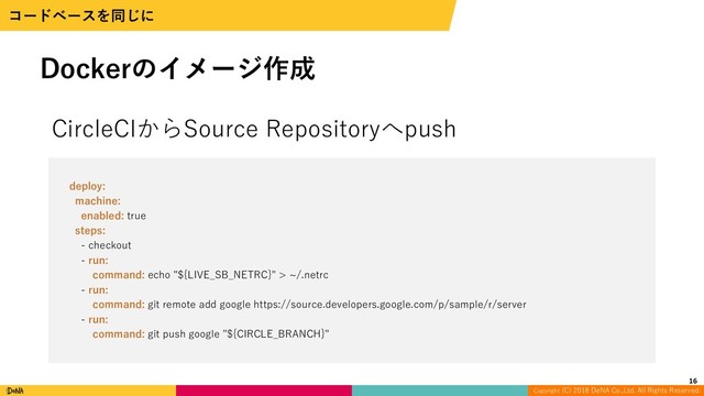 Copyright (C) 2018 DeNA Co.,Ltd. All Rights Reserved.
%PDLFSͷΠϝʔδ࡞੒
ίʔυϕʔεΛಉ͡ʹ
CircleCIからSource Repositoryへpush
16
deploy:
machine:
enabled: true
steps:
- checkout
- run:
command: echo "${LIVE_SB_NETRC}" > ~/.netrc
- run:
command: git remote add google https://source.developers.google.com/p/sample/r/server
- run:
command: git push google "${CIRCLE_BRANCH}"
