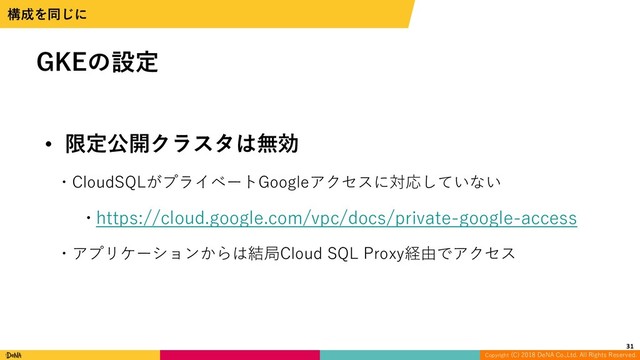 Copyright (C) 2018 DeNA Co.,Ltd. All Rights Reserved.
• 限定公開クラスタは無効
w CloudSQLがプライベートGoogleアクセスに対応していない
w https://cloud.google.com/vpc/docs/private-google-access
w アプリケーションからは結局Cloud SQL Proxy経由でアクセス
GKEの設定
ߏ੒Λಉ͡ʹ
31
