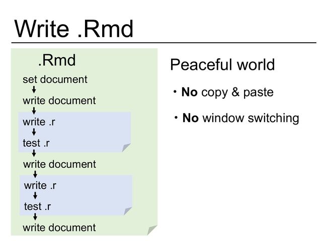 Write .Rmd
.Rmd
set document
write document
write .r
write document
write document
test .r
write .r
test .r
Peaceful world
・No copy & paste
・No window switching
