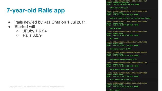 Copyright 1995-2018 Arm Limited (or its affiliates). All rights reserved.
7-year-old Rails app
● `rails new`ed by Kaz Ohta on 1 Jul 2011
● Started with
○ JRuby 1.6.2+
○ Rails 3.0.9
