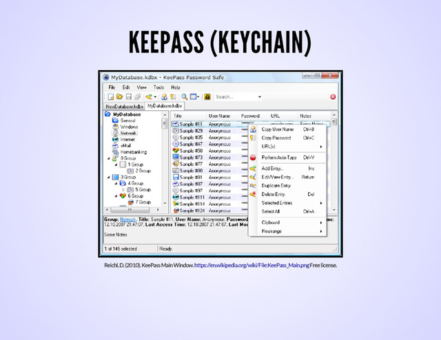 KEEPASS (KEYCHAIN)
Reichl, D. (2010). KeePass Main Window. Free license.
https://en.wikipedia.org/wiki/File:KeePass_Main.png
