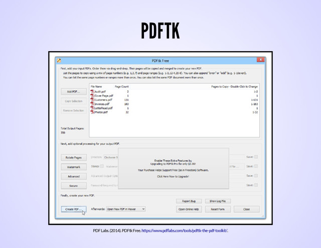 PDFTK
PDF Labs. (2014). PDFtk Free. .
https://www.pdﬂabs.com/tools/pdftk-the-pdf-toolkit/
