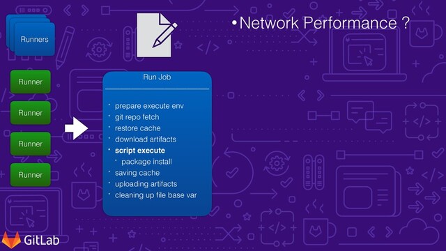 •Network Performance ?
Runner


Server
Runner


Server
Runners
Runner
Runner
Runner
Runner
Run Job
____________________________
* prepare execute env
* git repo fetch
* restore cache
* download artifacts
* script execute
* package install
* saving cache
* uploading artifacts
* cleaning up
f
i
le base var

