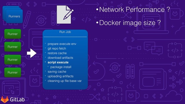 •Network Performance ?


•Docker image size ?
Runner


Server
Runner


Server
Runners
Runner
Runner
Runner
Runner
Run Job


____________________________


* prepare execute env


* git repo fetch


* restore cache


* download artifacts


* script execut
e


* package install


* saving cache


* uploading artifacts


* cleaning up
f
i
le base var

