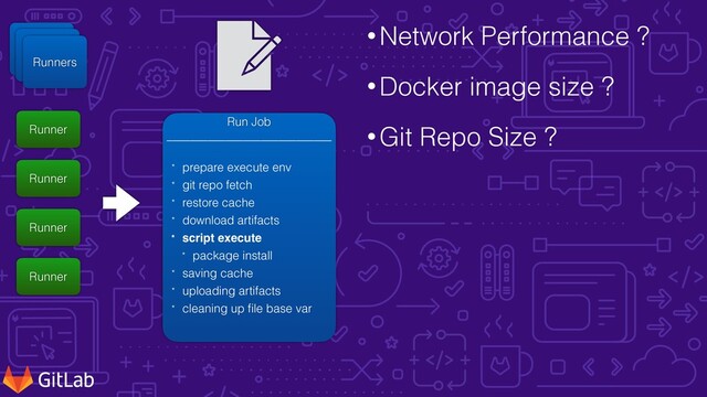 •Network Performance ?


•Docker image size ?


•Git Repo Size ?
Runner


Server
Runner


Server
Runners
Runner
Runner
Runner
Runner
Run Job


____________________________


* prepare execute env


* git repo fetch


* restore cache


* download artifacts


* script execut
e


* package install


* saving cache


* uploading artifacts


* cleaning up
f
i
le base var
