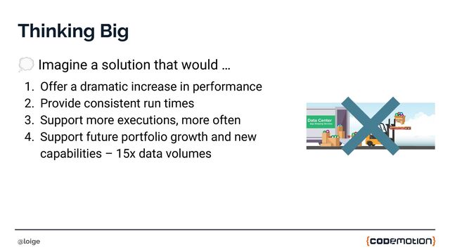Thinking Big
💭 Imagine a solution that would …
1. Offer a dramatic increase in performance
2. Provide consistent run times
3. Support more executions, more often
4. Support future portfolio growth and new
capabilities – 15x data volumes
@loige
