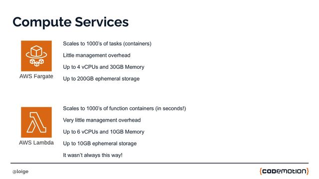 Compute Services
Scales to 1000’s of tasks (containers)
Little management overhead
Up to 4 vCPUs and 30GB Memory
Up to 200GB ephemeral storage
Scales to 1000’s of function containers (in seconds!)
Very little management overhead
Up to 6 vCPUs and 10GB Memory
Up to 10GB ephemeral storage
It wasn’t always this way!
@loige
