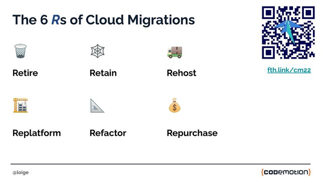 The 6 Rs of Cloud Migrations
@loige
🗑 🕸 🚚
Retire Retain Rehost
🏗 📐 💰
Replatform Refactor Repurchase
fth.link/cm22
