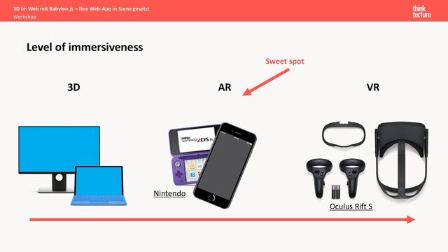 Level of immersiveness
3D AR VR
Sweet spot
Nintendo
Oculus Rift S
3D im Web mit Babylon.js – Ihre Web-App in Szene gesetzt
Workshop
