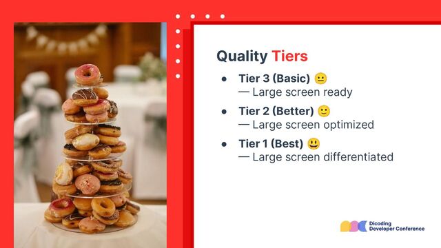 Quality Tiers
● Tier 3 (Basic) 😐
— Large screen ready
● Tier 2 (Better) 🙂
— Large screen optimized
● Tier 1 (Best) 😃
— Large screen differentiated
