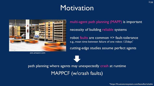 /38
2
Motivation
multi-agent path planning (MAPP) is important
necessity of building reliable systems
cutting-edge studies assume perfect agents
robot faults are common => fault-tolerance
e.g., mean time between failure of one robot: 125days*
*https://fr.autostoresystem.com/benefits/reliable
aws.amazon.com
path planning where agents may unexpectedly crash at runtime
MAPPCF (w/crash faults)
