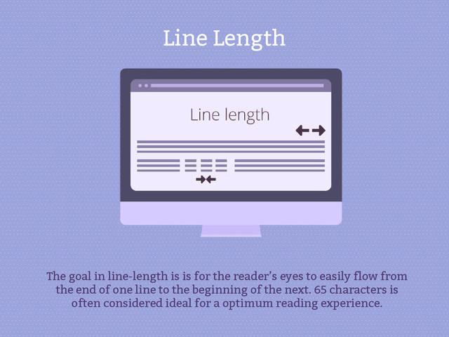 Line Length
The goal in line-length is is for the reader’s eyes to easily flow from
the end of one line to the beginning of the next. 65 characters is
often considered ideal for a optimum reading experience.
