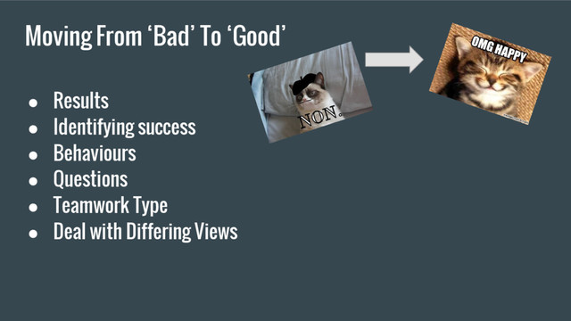 Moving From ‘Bad’ To ‘Good’
● Results
● Identifying success
● Behaviours
● Questions
● Teamwork Type
● Deal with Differing Views
