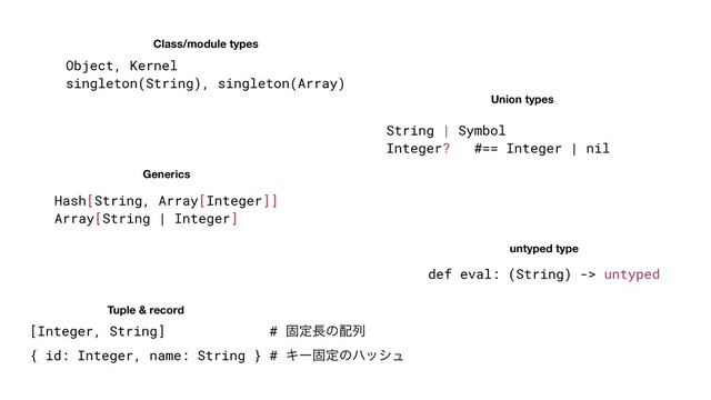 Union types
Generics
untyped type
String | Symbol


Integer? #== Integer | nil
Hash[String, Array[Integer]]


Array[String | Integer]
def eval: (String) -> untyped
Tuple & record
[Integer, String] # ݻఆ௕ͷ഑ྻ


{ id: Integer, name: String } # Ωʔݻఆͷϋογϡ
Class/module types
Object, Kernel


singleton(String), singleton(Array)
