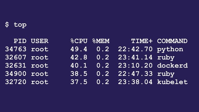 $ top 
PID USER %CPU %MEM TIME+ COMMAND
34763 root 49.4 0.2 22:42.70 python
32607 root 42.8 0.2 23:41.14 ruby
32631 root 40.1 0.2 23:10.20 dockerd
34900 root 38.5 0.2 22:47.33 ruby
32720 root 37.5 0.2 23:38.04 kubelet
