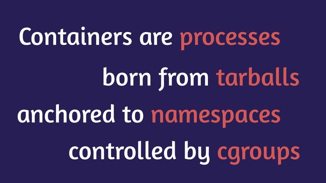 Containers are processes
born from tarballs
controlled by cgroups
anchored to namespaces
