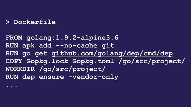 > Dockerfile
FROM golang:1.9.2-alpine3.6
RUN apk add --no-cache git
RUN go get github.com/golang/dep/cmd/dep
COPY Gopkg.lock Gopkg.toml /go/src/project/
WORKDIR /go/src/project/
RUN dep ensure -vendor-only 
...
