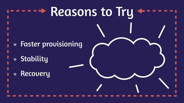 Reasons to Try
Faster provisioning
Stability
Recovery
