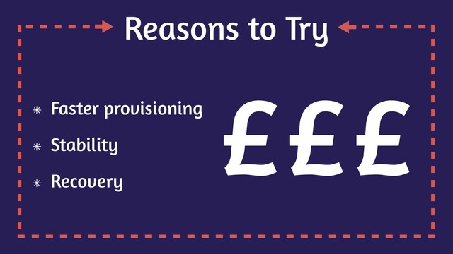Reasons to Try
Faster provisioning
Stability
Recovery
£££

