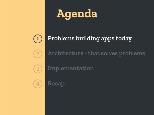 Agenda
1 Problems building apps today
Architecture - that solves problems
2
Implementation
3
Recap
4
