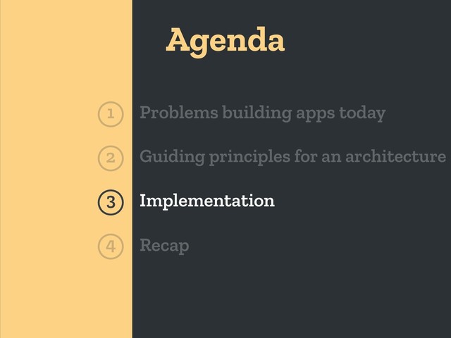 Agenda
1 Problems building apps today
Guiding principles for an architecture
2
Implementation
3
Recap
4
