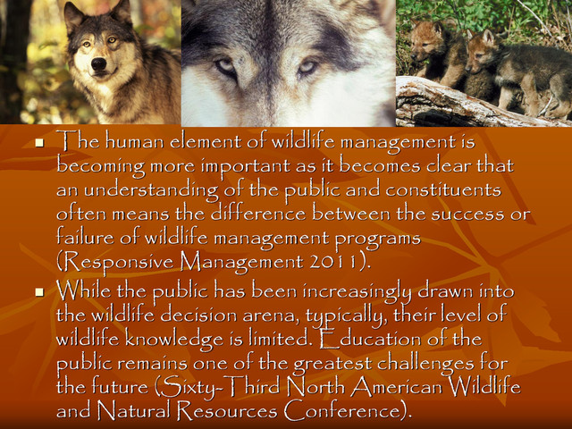 
The human element of wildlife management is
becoming more important as it becomes clear that
an understanding of the public and constituents
often means the difference between the success or
failure of wildlife management programs
(Responsive Management 2011).

While the public has been increasingly drawn into
the wildlife decision arena, typically, their level of
wildlife knowledge is limited. Education of the
public remains one of the greatest challenges for
the future (Sixty-Third North American Wildlife
and Natural Resources Conference).

