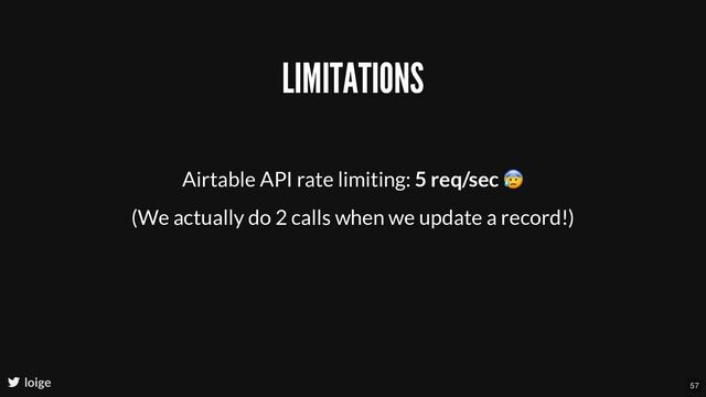 LIMITATIONS
Airtable API rate limiting: 5 req/sec
😰
(We actually do 2 calls when we update a record!)
loige 57
