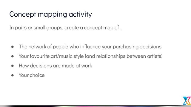 Concept mapping activity
In pairs or small groups, create a concept map of…
● The network of people who inﬂuence your purchasing decisions
● Your favourite art/music style (and relationships between artists)
● How decisions are made at work
● Your choice
