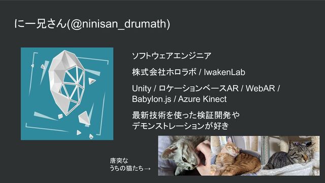 にー兄さん(@ninisan_drumath)
ソフトウェアエンジニア
株式会社ホロラボ / IwakenLab
Unity / ロケーションベースAR / WebAR /
Babylon.js / Azure Kinect
最新技術を使った検証開発や
デモンストレーションが好き
唐突な
うちの猫たち→
