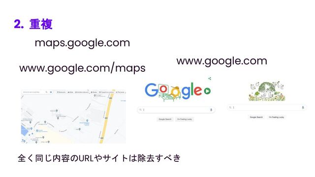 2. 重複
全く同じ内容のURLやサイトは除去すべき
maps.google.com
www.google.com/maps
www.google.com
